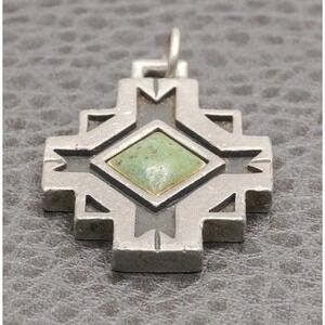 Vintage Pewter Cross Pendant Green Stone Southwest Style Silver Tone